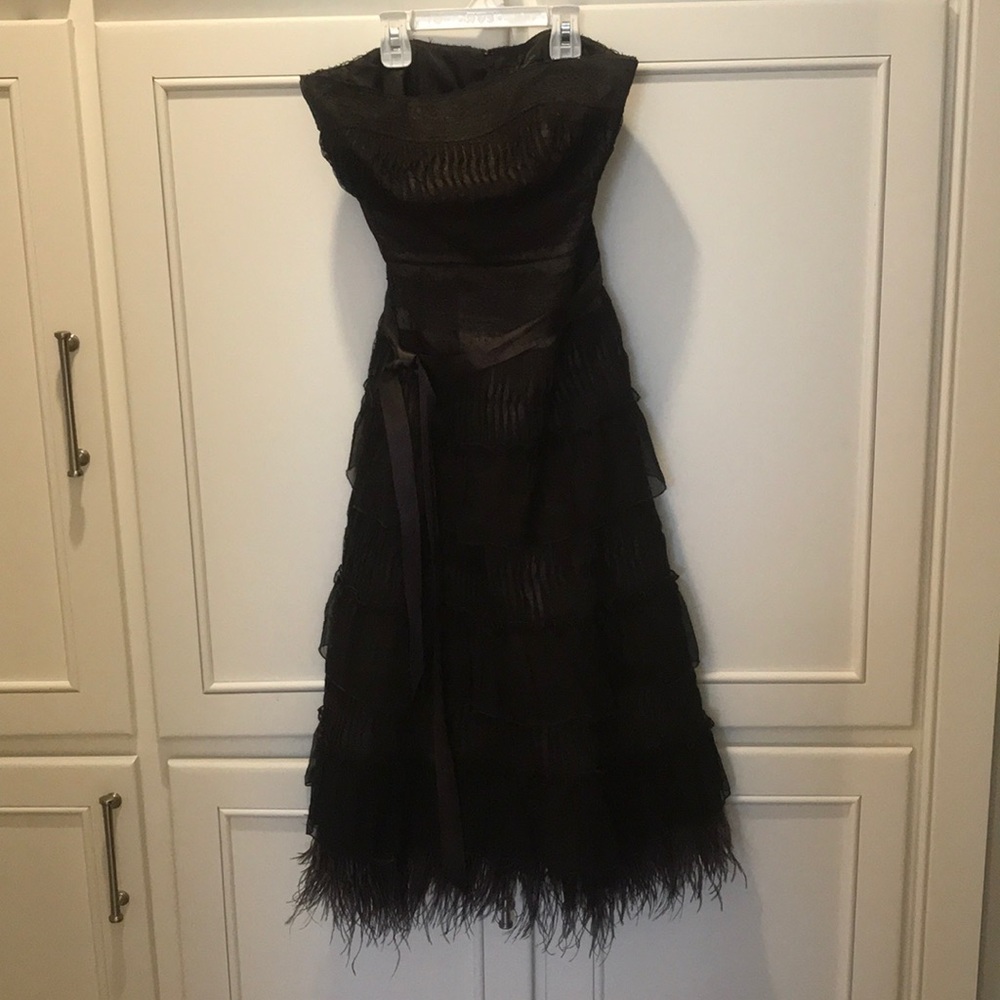 Women’s chocolate brown party dress feather detail